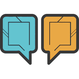 Justice icon: two equal speech bubbles in teal and amber