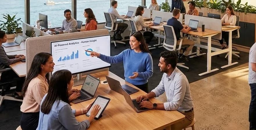 A team collaborating around a shared screen in a modern office