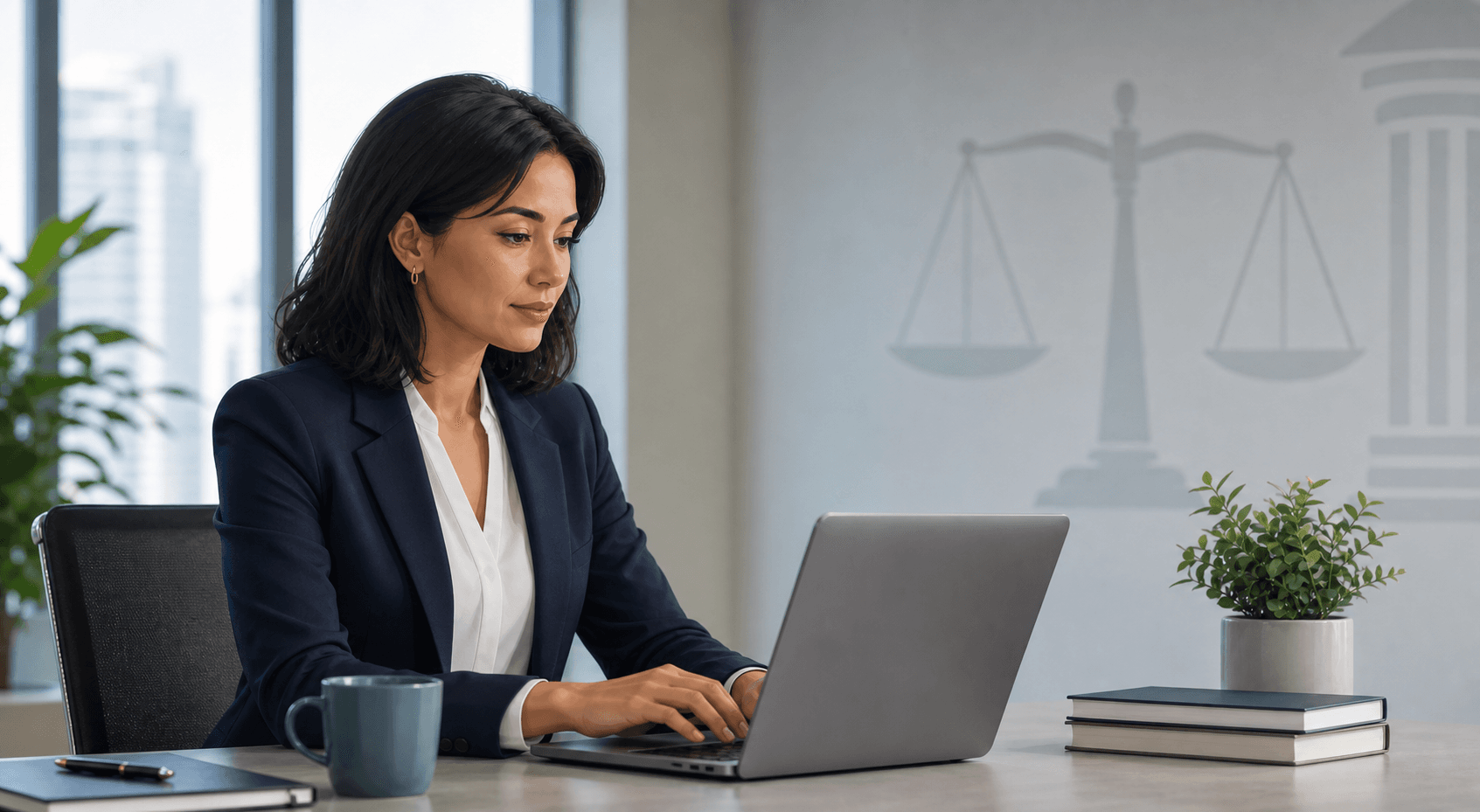 An Australian knowledge worker writes a workplace email in a modern office. An open laptop, stacked textbooks, coffee cup, and small potted fern adorn their wooden desk. The real wall is embossed with the scales of justice and a courthouse silhouette.