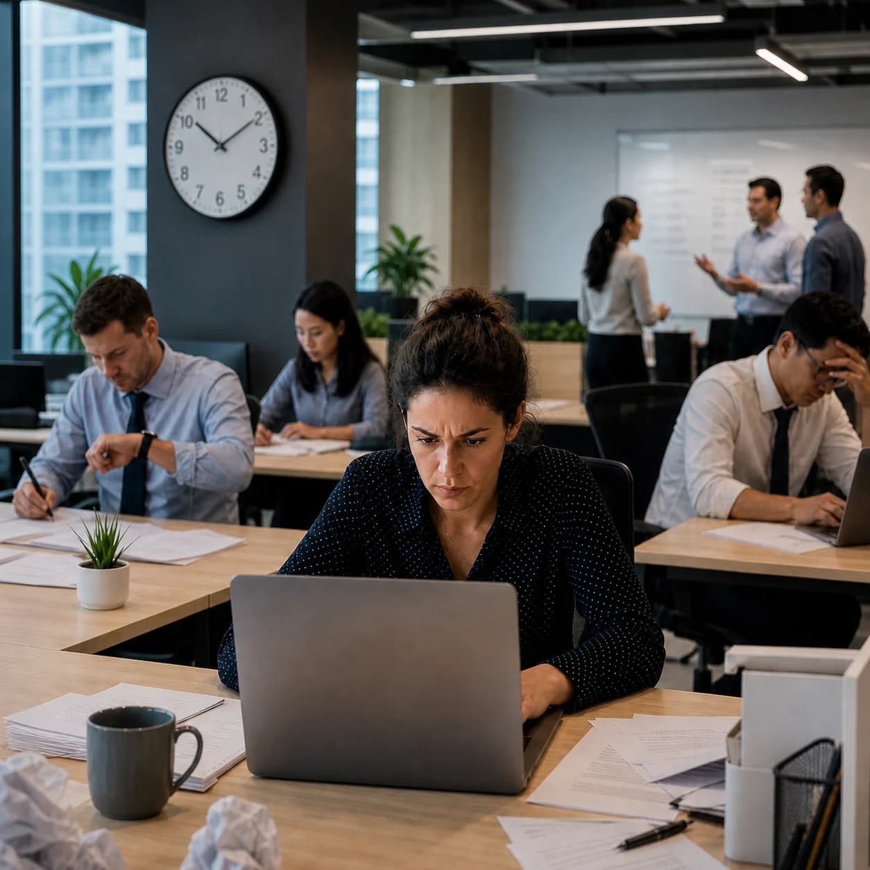 A busy office environment with a diverse group of employees at their desks, surrounded by stacks of documents and open laptops. Each worker is focused on their screens, some frowning in concentration as they type. On the walls, motivational posters about communication and teamwork are visible. In the foreground, a stressed employee is seen rewriting an email, with crumpled paper and multiple drafts scattered around. A nearby colleague gestures towards a group chat on their screen. The atmosphere is a mix of determination and pressure.