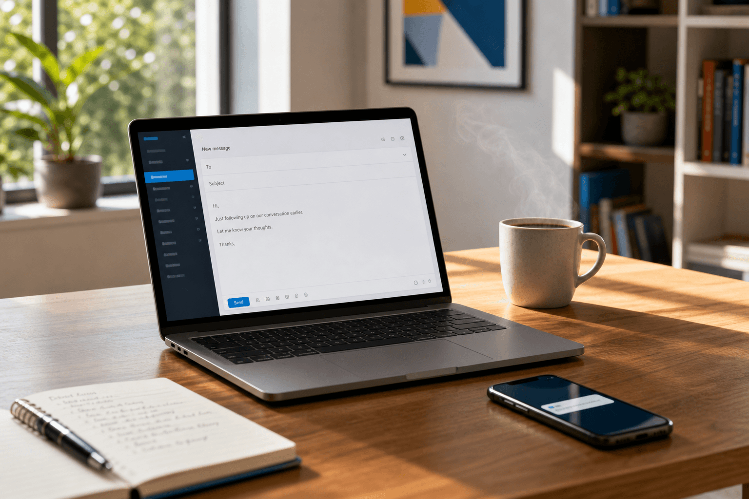 A laptop showing a generic email draft on a wooden desk, with a coffee mug, a notebook, and a phone nearby.